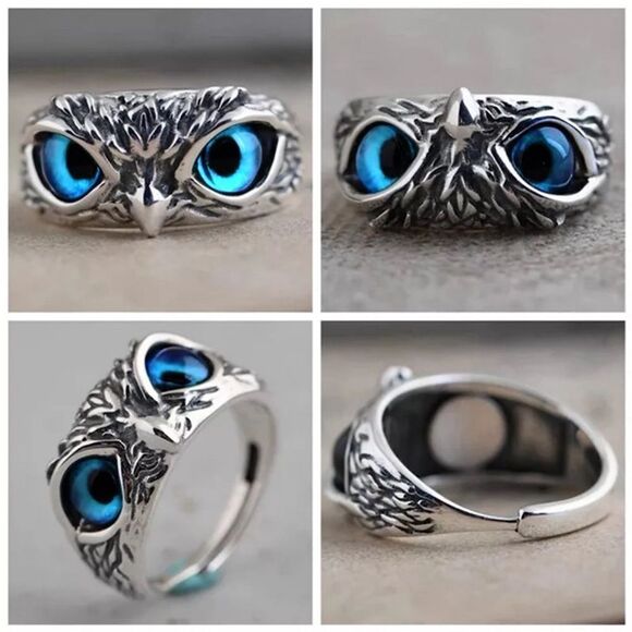 💎251💎 Vintage Style Bird of Prey, Owl Eyes Silver Stainless Steel Ring - Picture 4 of 16